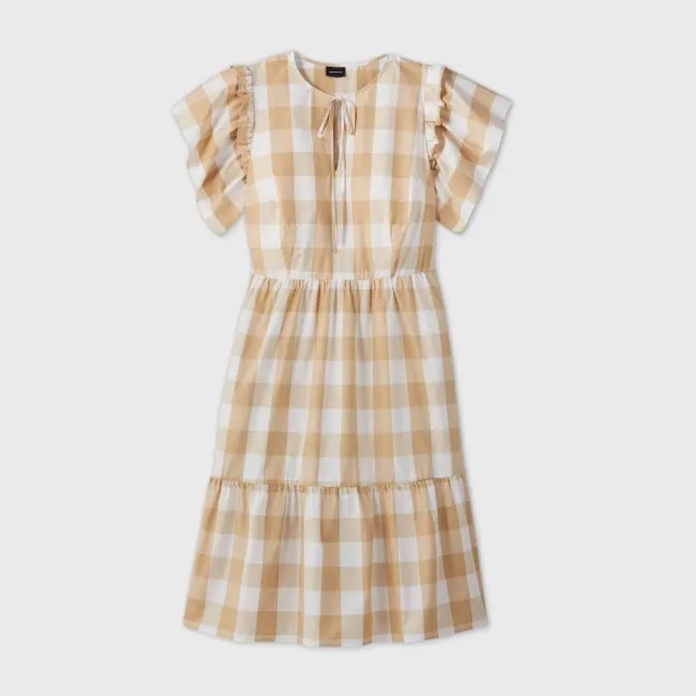 Who What Wear Tan and White Tiered Ruffled Midi Sundress